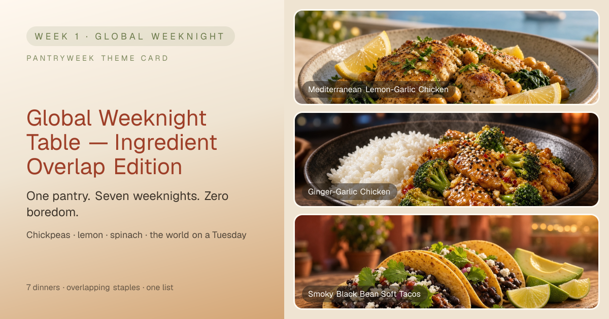 Week 1: Global Weeknight Table — Ingredient Overlap Edition — PantryWeek share card