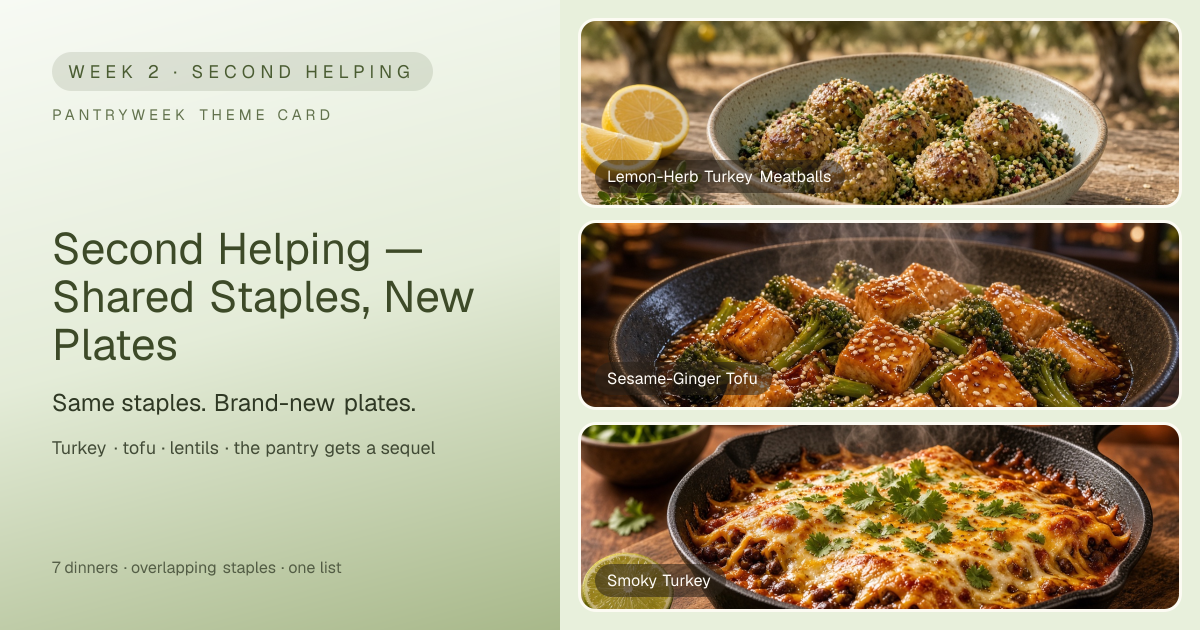 Week 2: Second Helping — Shared Staples, New Plates — PantryWeek share card