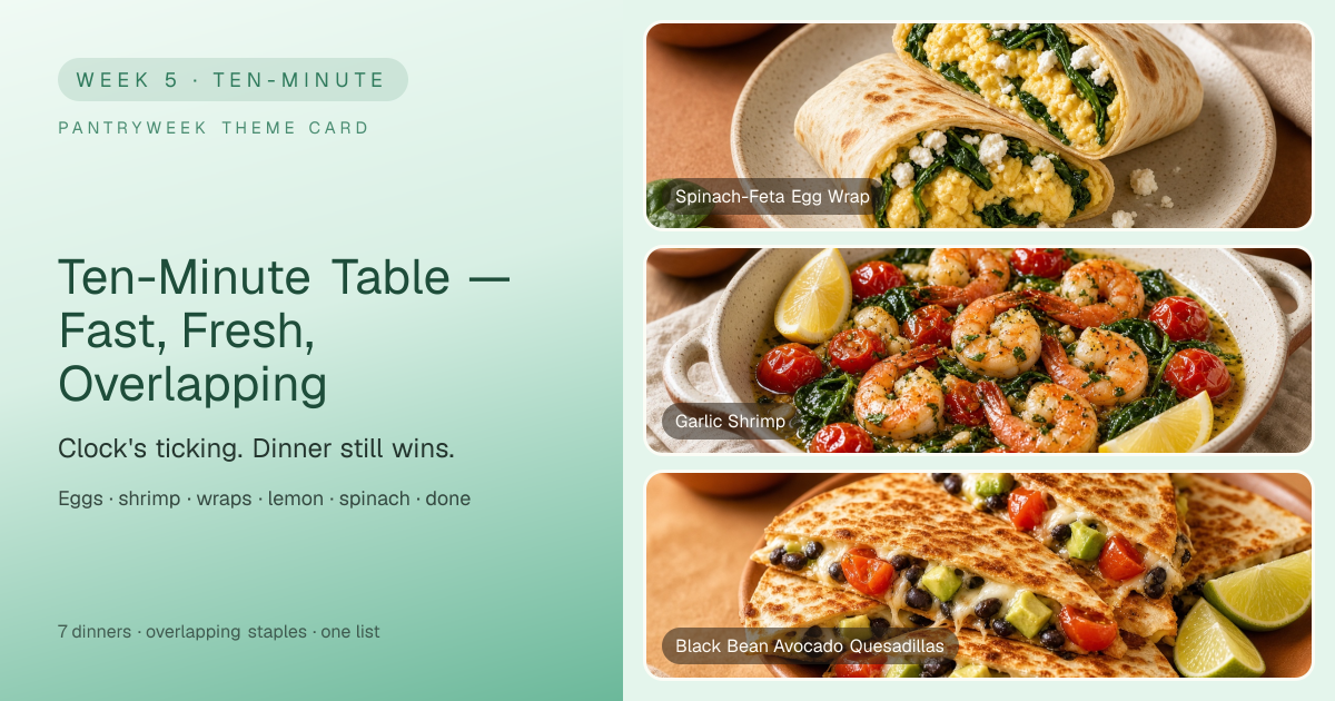 Week 5: Ten-Minute Table — Fast, Fresh, Overlapping — PantryWeek share card